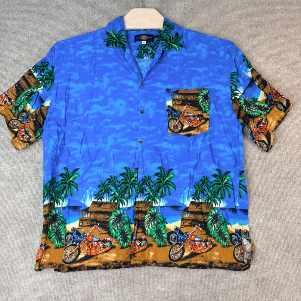 Sun N Fun Mens XL Blue Tropical Motorcycle Beach Print Short Sleeve Camp Shirt